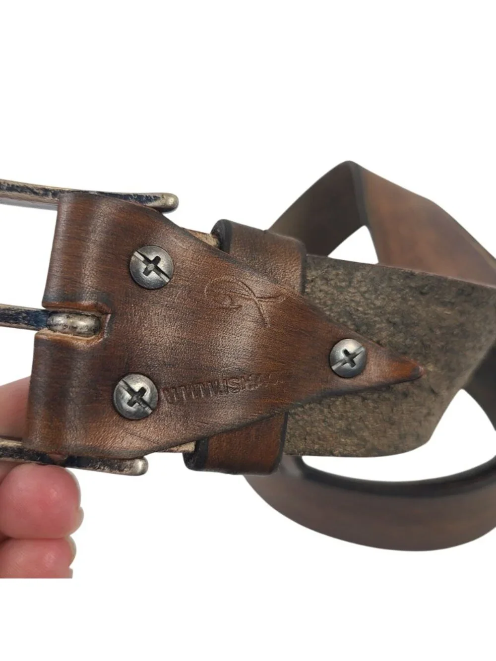 NEW Ishaor Vintage-Style Brown Leather Belt With Distressed Metal Buckle For Men